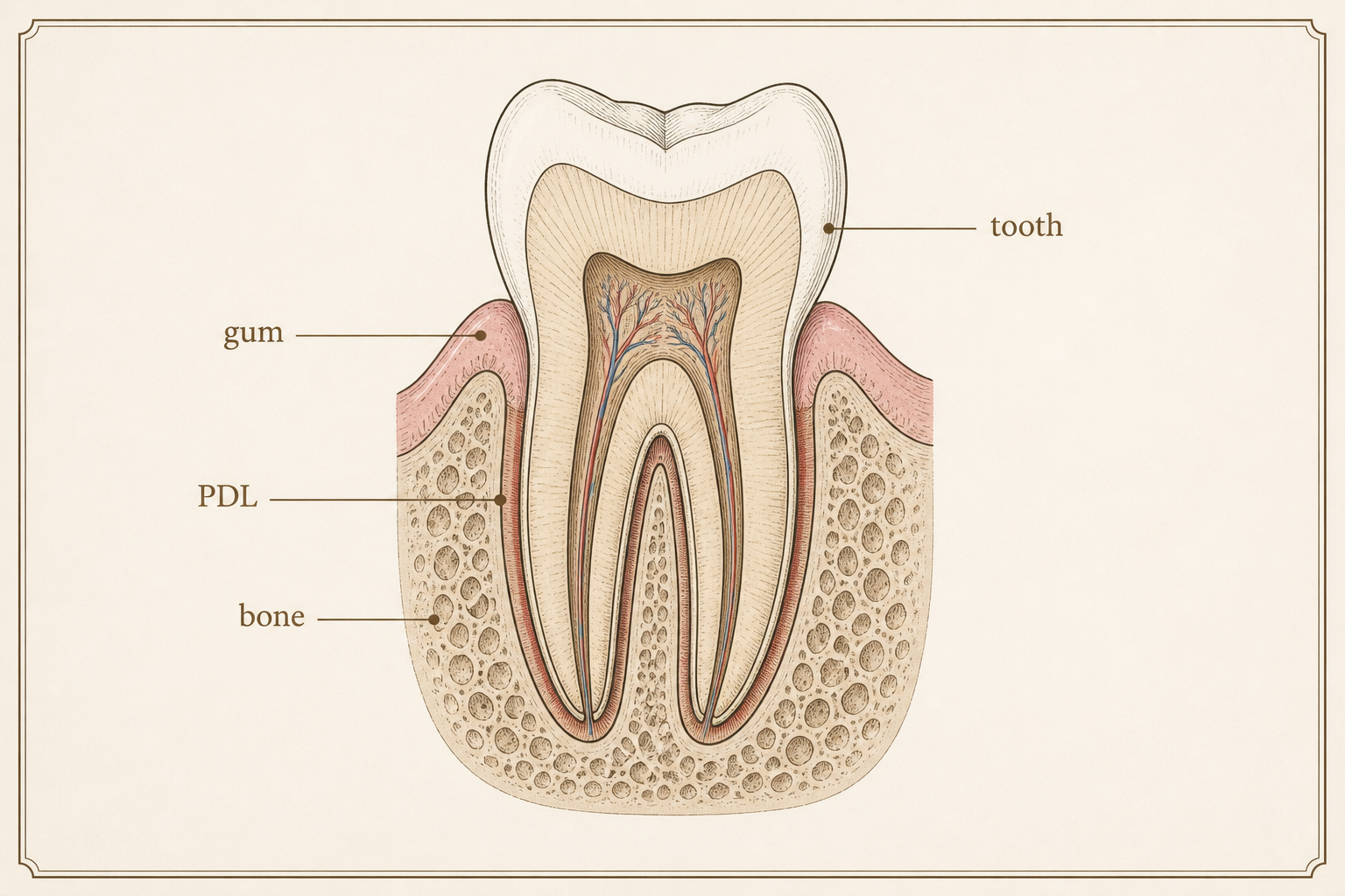 Teaching plate of a healthy tooth: pale gums hugging the crown, bone high around the roots. Illustration, not a photograph.